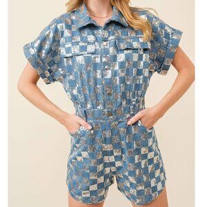 Sequin Checker Denim Romper